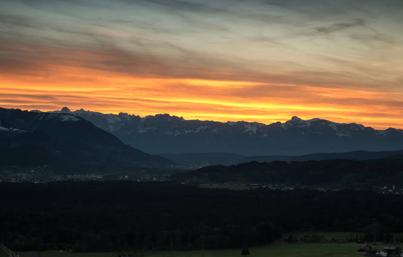 Photo wallpaper forest, the sky, clouds, sunset, mountains, fog, tops, dal