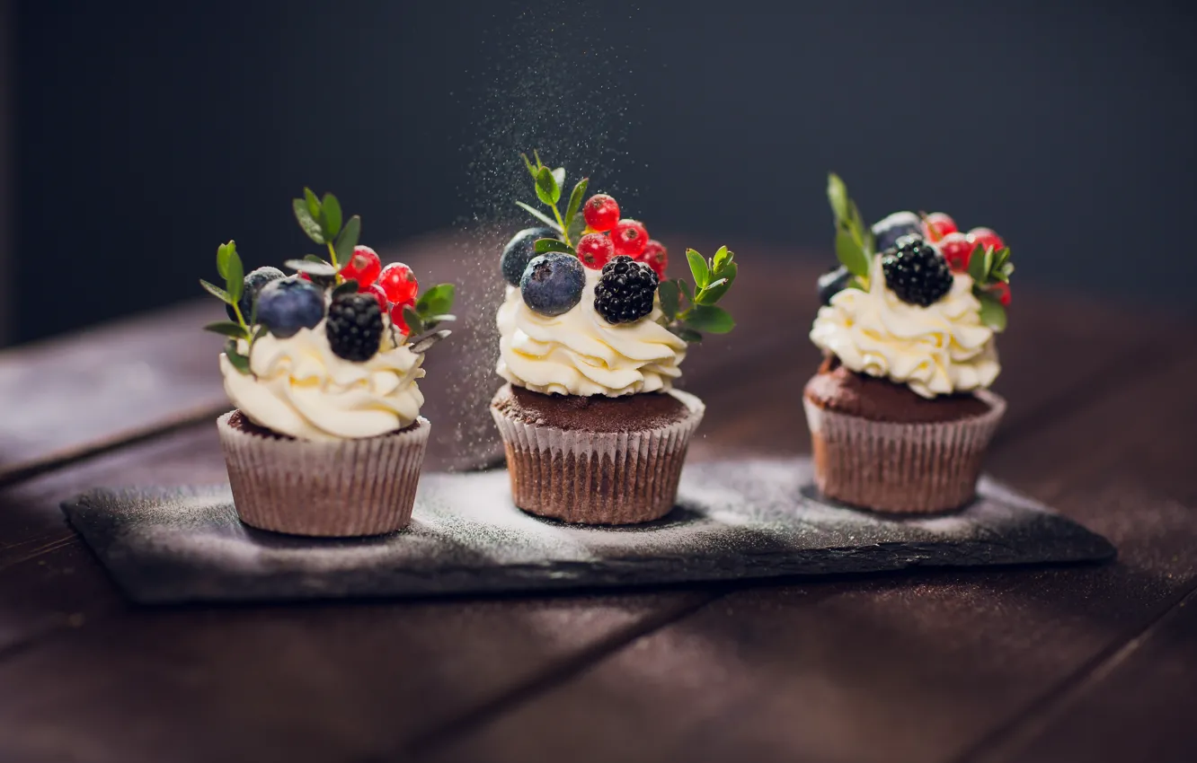Photo wallpaper berries, decoration, cake, cupcakes, powdered sugar, Vershinin