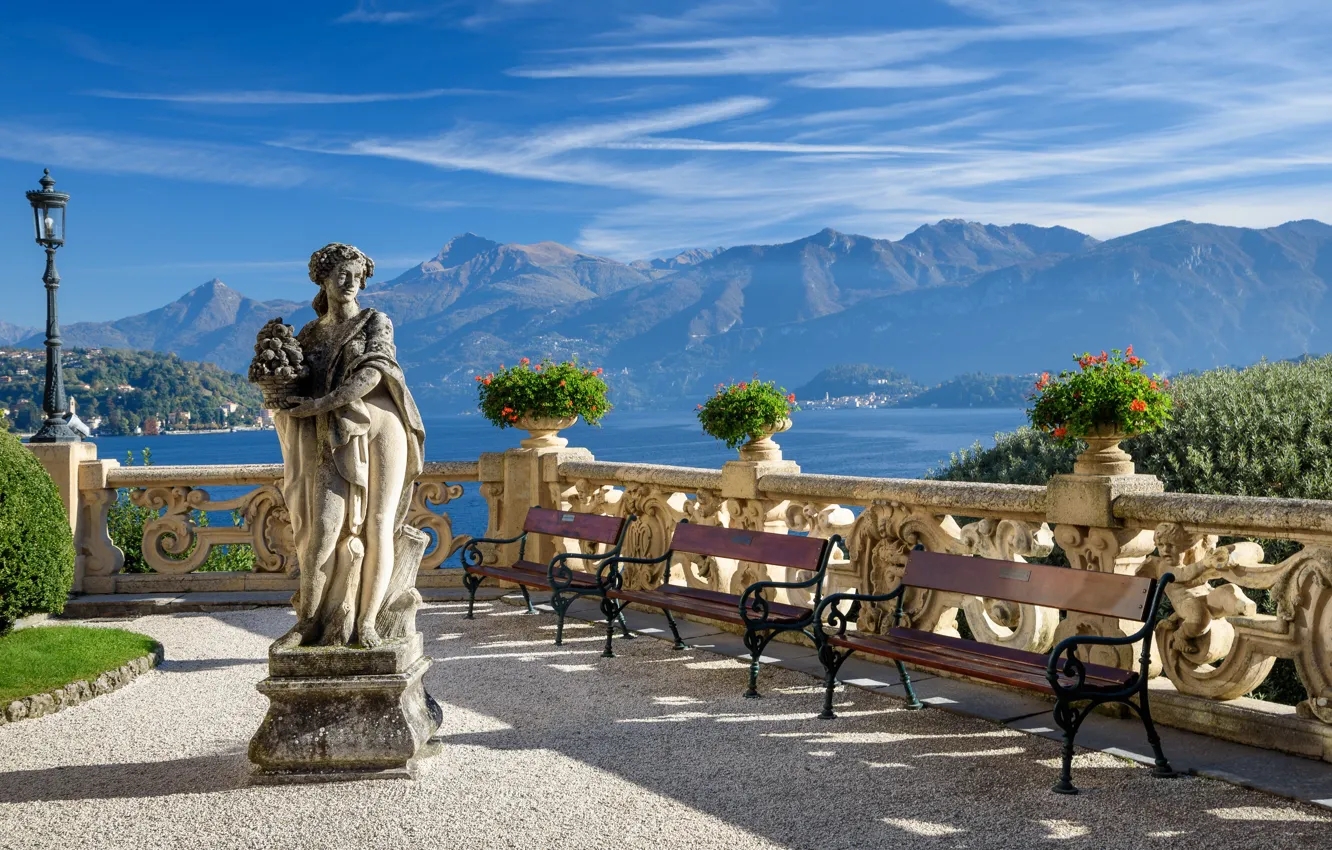 Photo wallpaper Italy, statue, bench, lake Como, Villa del Balbianello