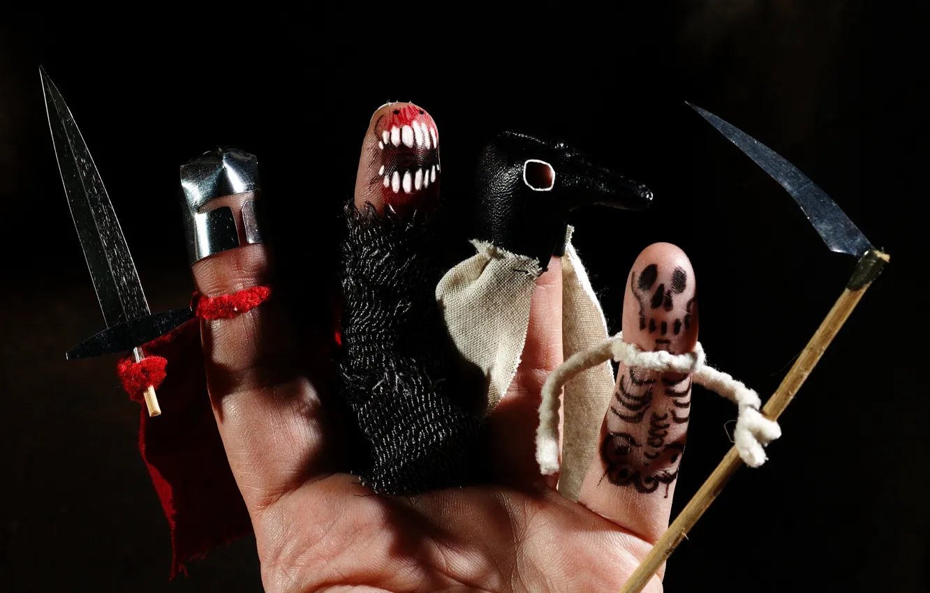 Photo wallpaper death, weapons, fear, holiday, hand, mouth, skeleton, dagger