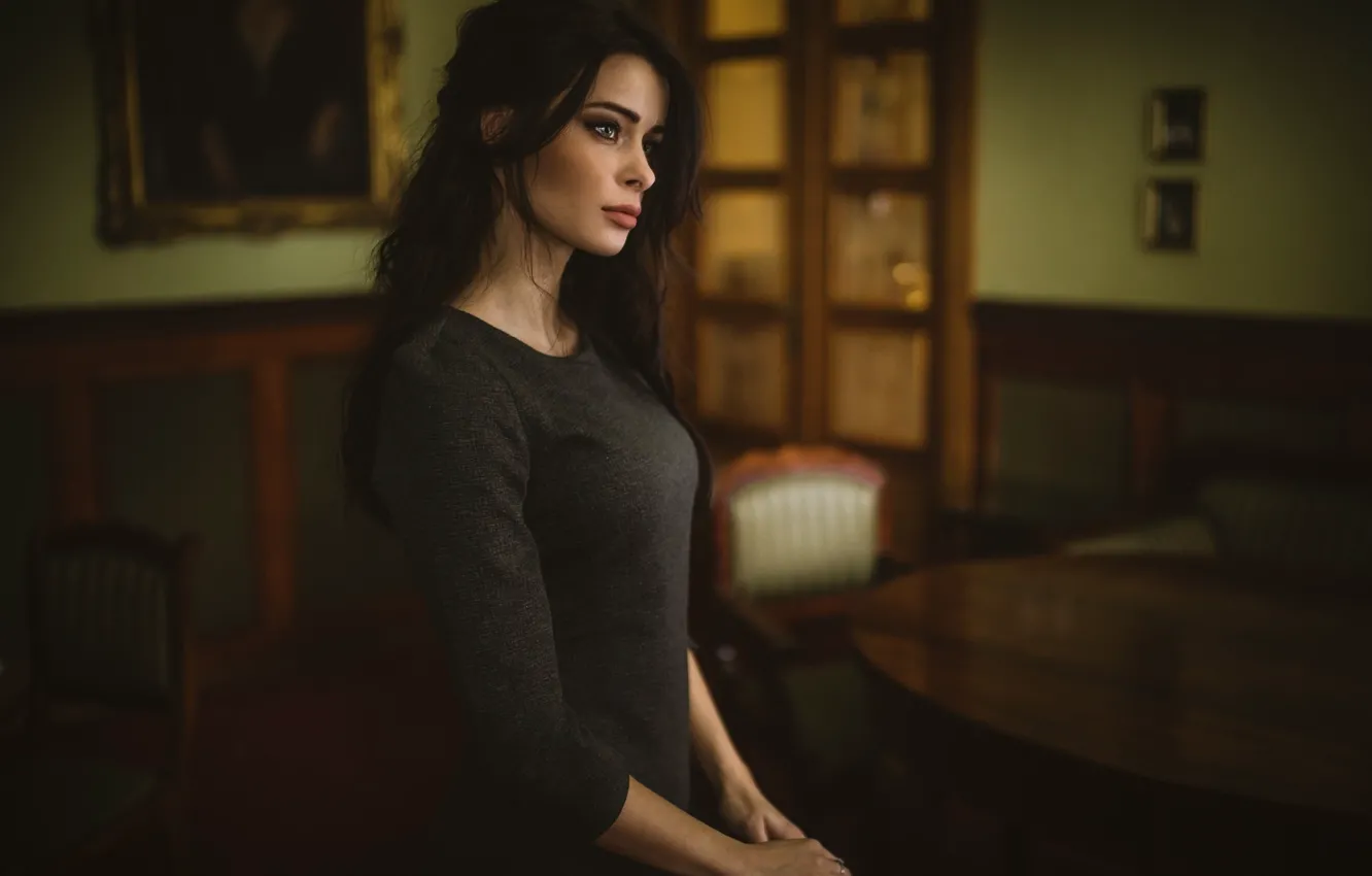 Photo wallpaper room, model, interior, makeup, dress, brunette, hairstyle, Przemyslaw Chola
