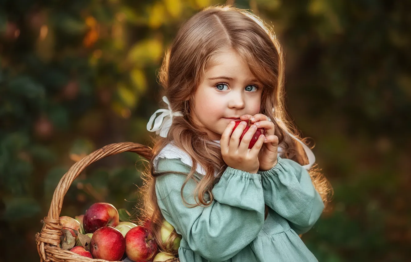 Photo wallpaper look, face, basket, apples, hands, girl, Olga Dodonova