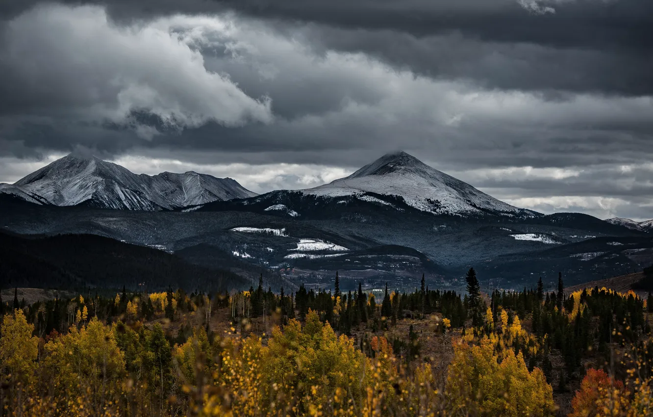 Photo wallpaper autumn, forest, clouds, snow, mountains, clouds, overcast, hills