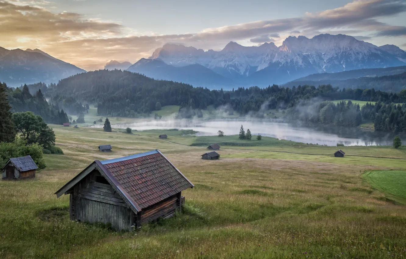 Photo wallpaper field, autumn, forest, summer, the sky, grass, clouds, mountains