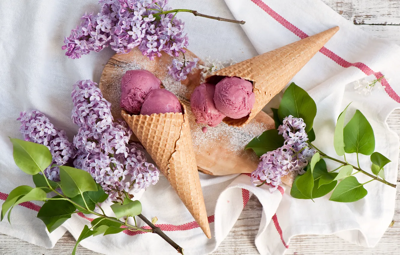 Photo wallpaper ice cream, flowers, napkin, ice cream, lilac, Lilac flowers, napkin