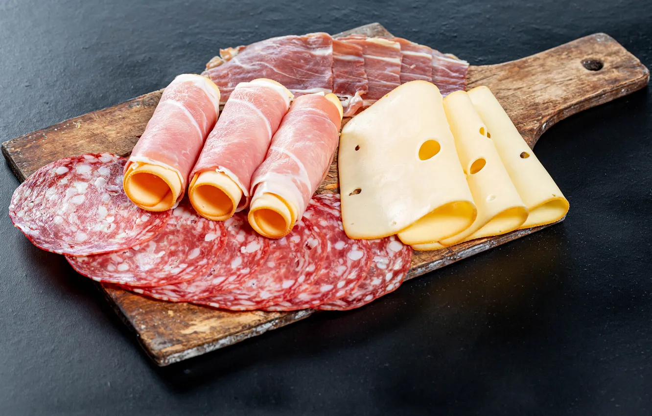 Photo wallpaper cheese, Board, sausage, bacon