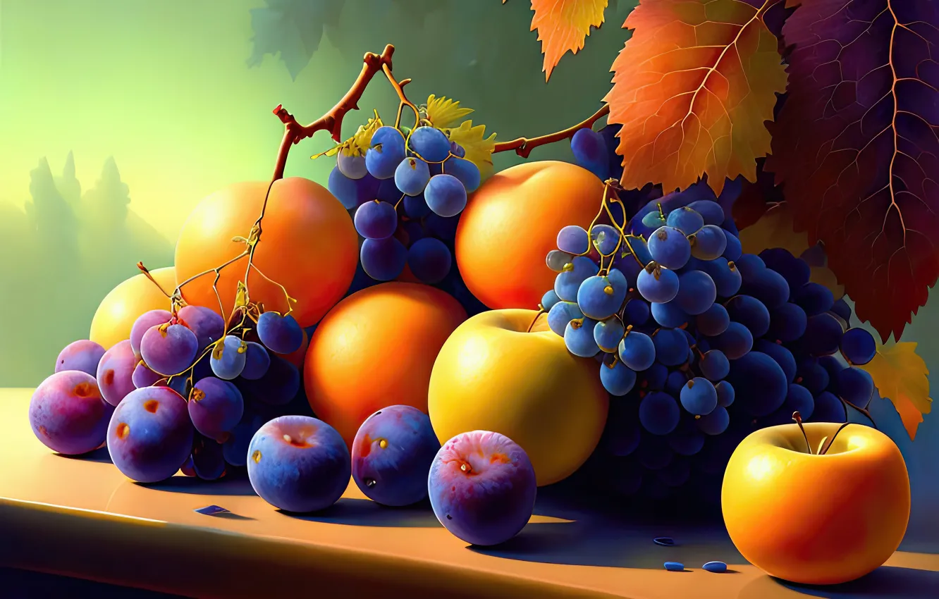 Photo wallpaper leaves, graphics, art, grapes, fruit, still life, plum, digital painting