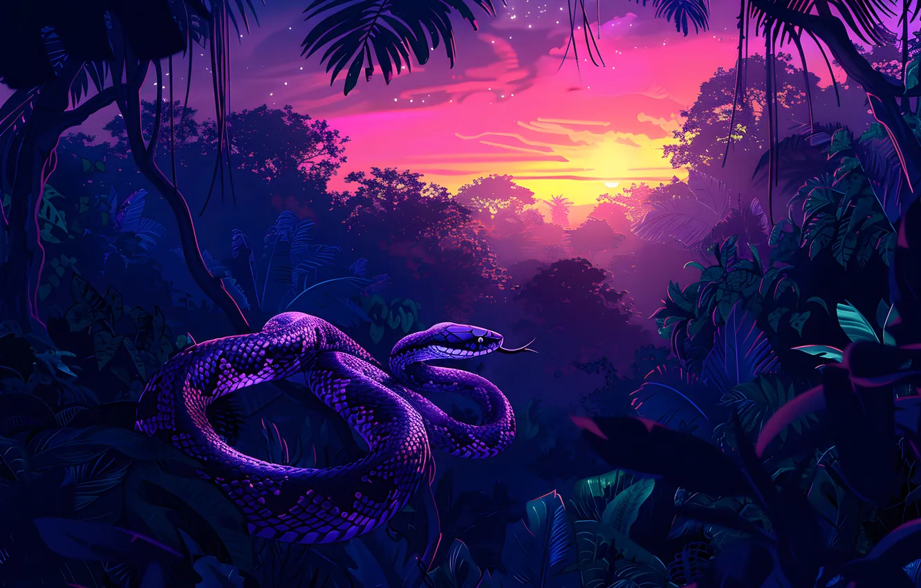 Photo wallpaper face, trees, sunset, animal, snake, jungle, art, reptile