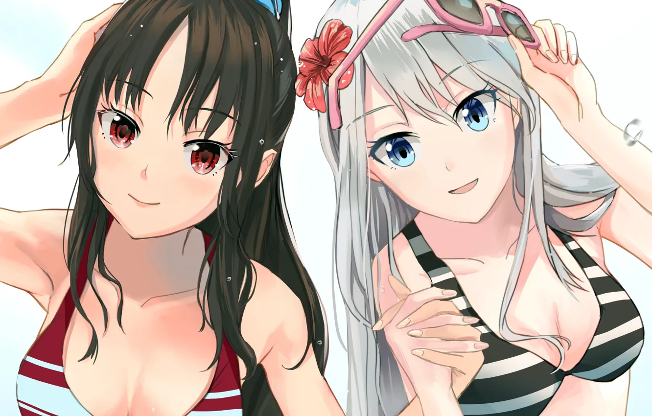 Photo wallpaper sexy, cleavage, long hair, girls, boobs, anime, blue eyes, beautiful