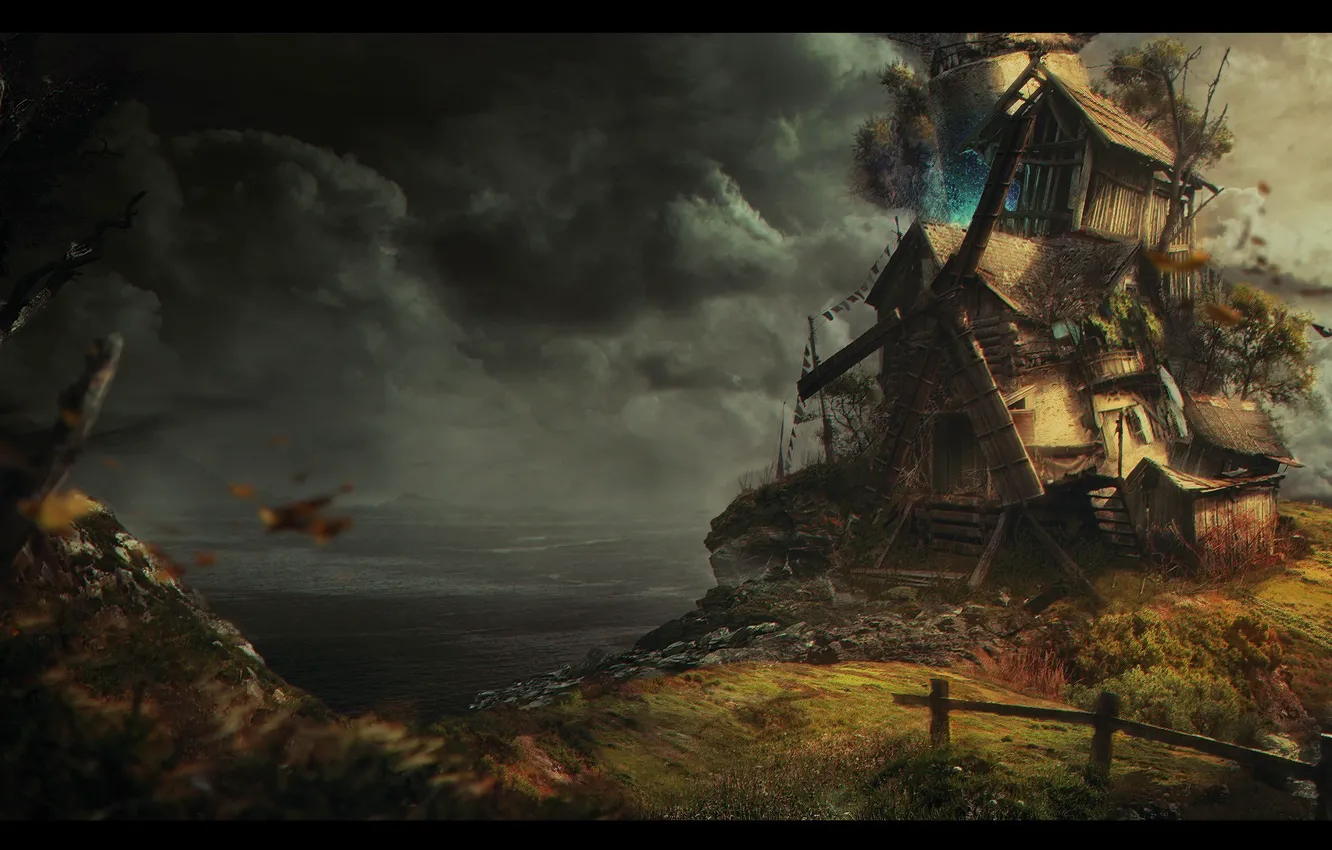 Photo wallpaper sea, leaves, clouds, storm, home, glow, art, mill