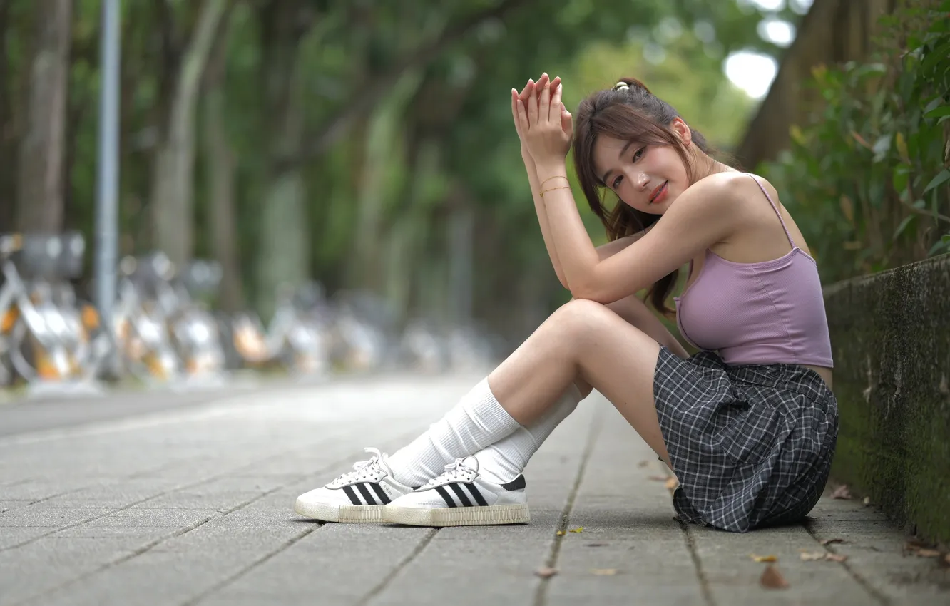 Photo wallpaper feet, skirt, Mike, Asian, sitting, blurred background