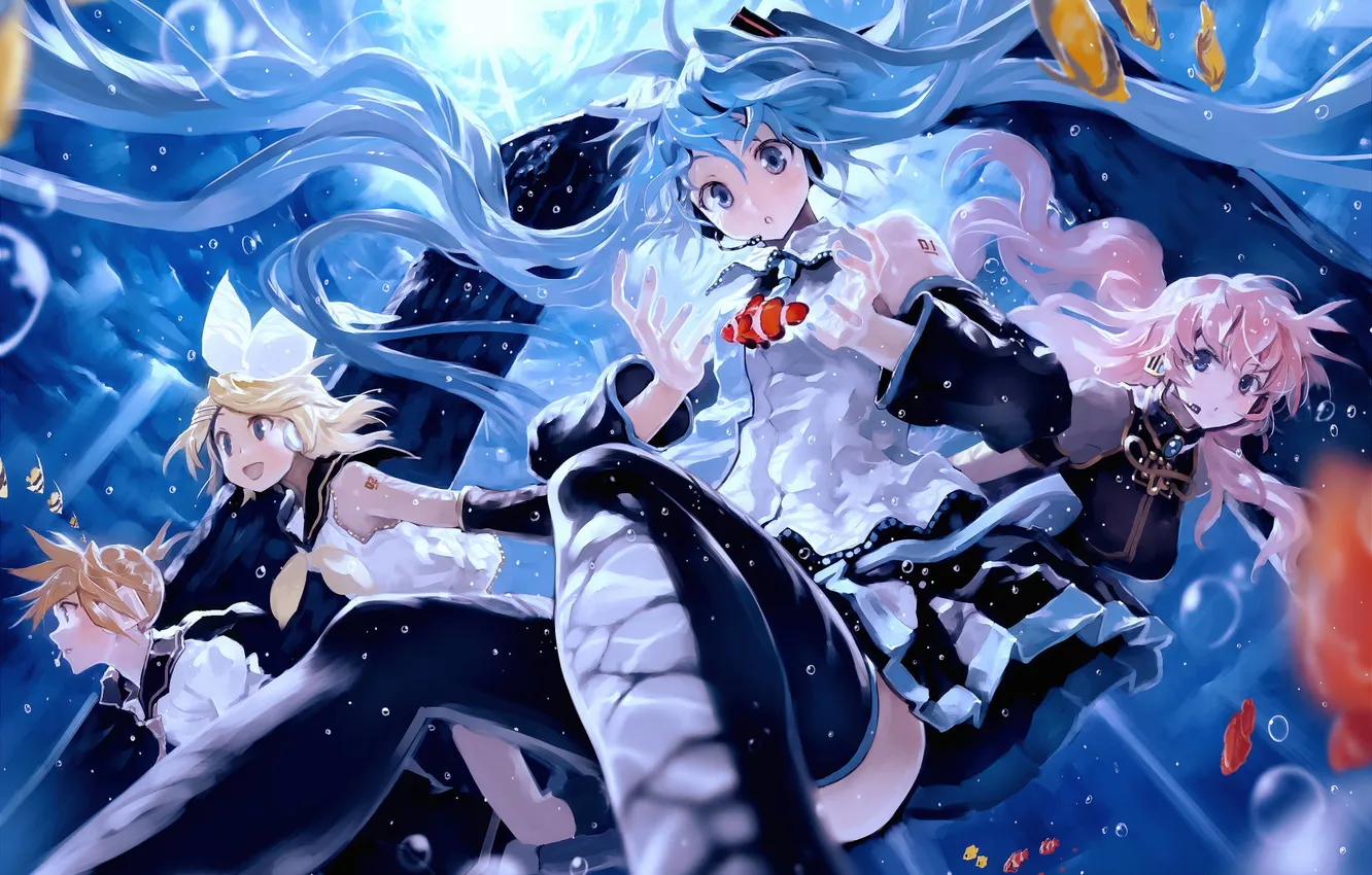 Photo wallpaper girl, fish, bubbles, fish, art, guy, vocaloid, hatsune miku