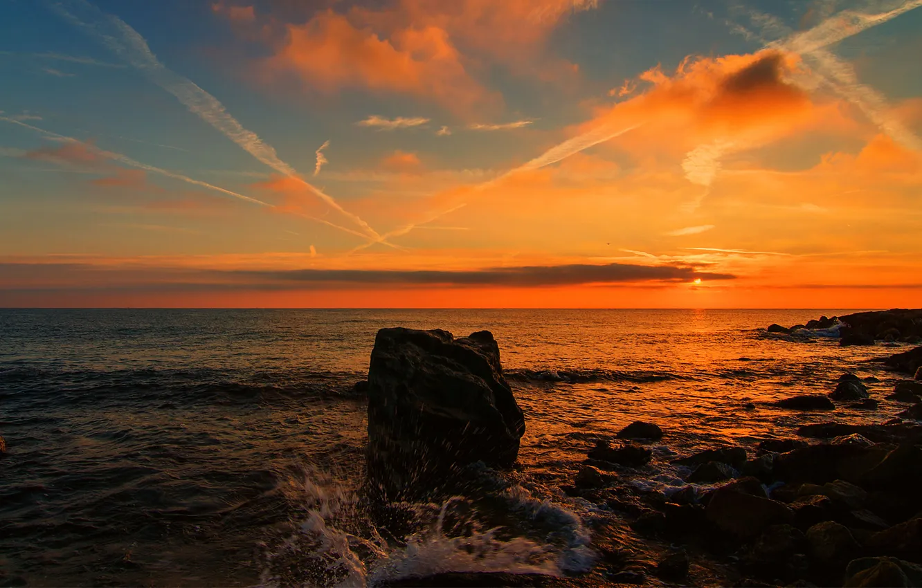 Photo wallpaper sea, sunset, squirt, stones, horizon, stones