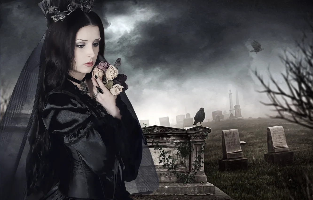 Photo wallpaper girl, graves, cemetery