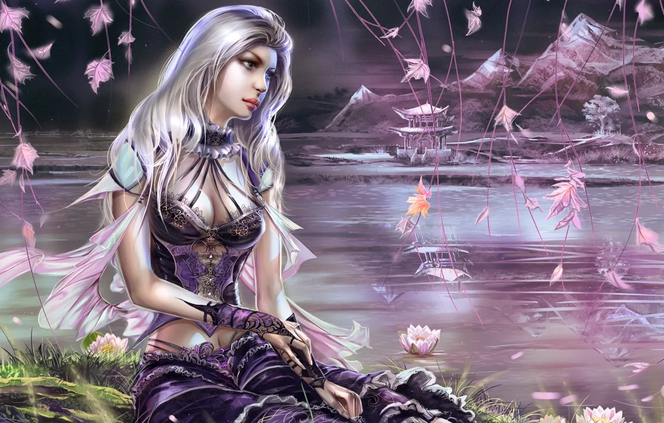 Photo wallpaper girl, flowers, mountains, pond, reflection, dress, pagoda, sitting