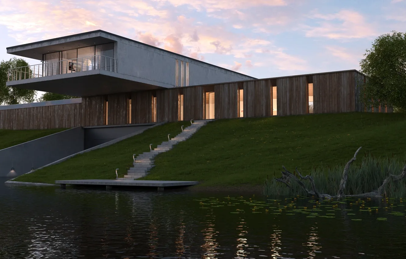 Photo wallpaper Lily, architecture, structure, pond, The house on the shore