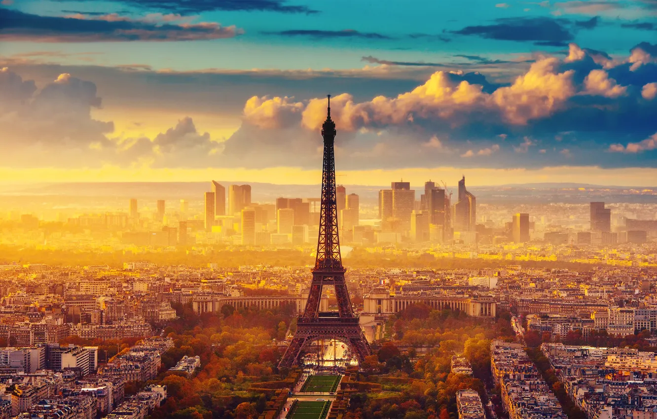 Photo wallpaper autumn, the sky, clouds, the city, France, Paris, Eiffel tower