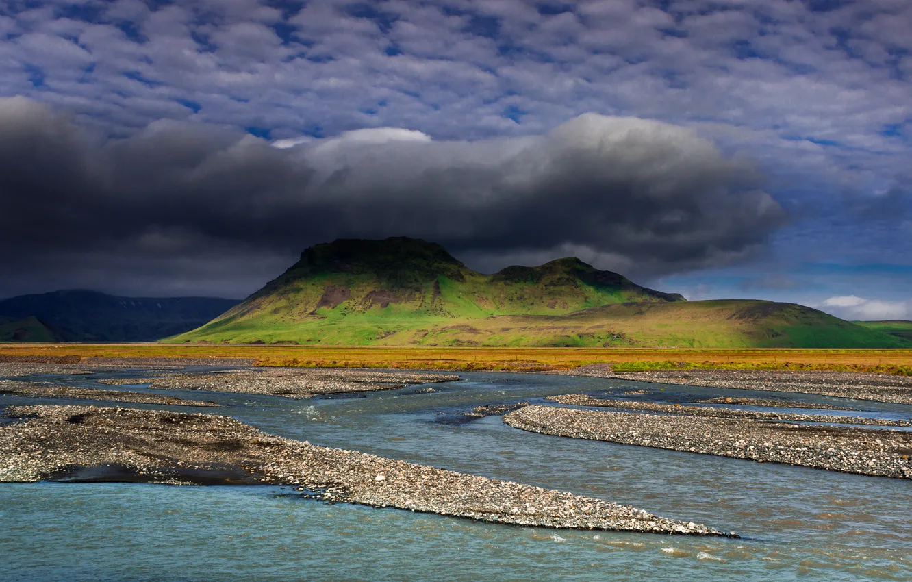 Photo wallpaper clouds, mountains, clouds, shore, pond, cloudy, gloomy sky