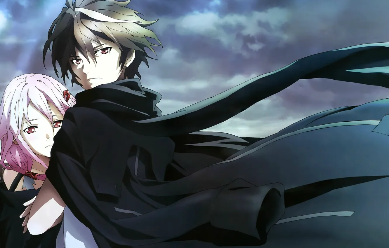 Photo wallpaper the wind, scarf, guilty crown, pink hair, Inori Yuzuriha, Guilty crown, cloudy sky, the guy …