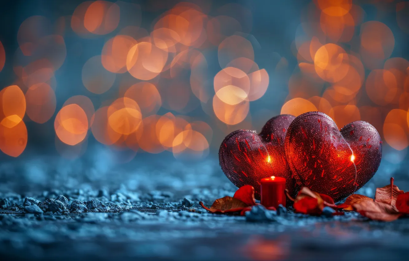 Photo wallpaper love, red, holiday, heart, candles, hearts, Valentine's day, blue background