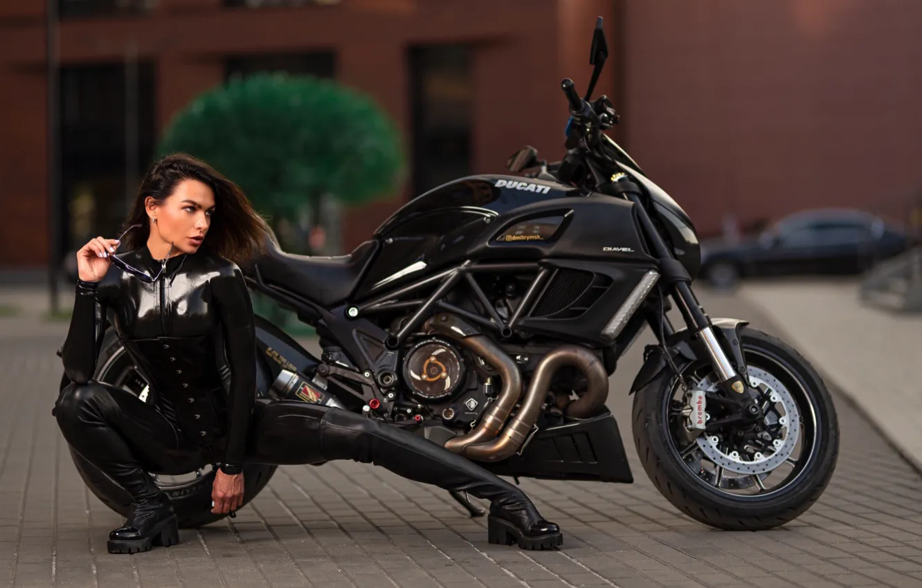 Photo wallpaper girl, pose, motorcycle, latex, Ducati, Ilya Pistols, Natalia Zaitseva