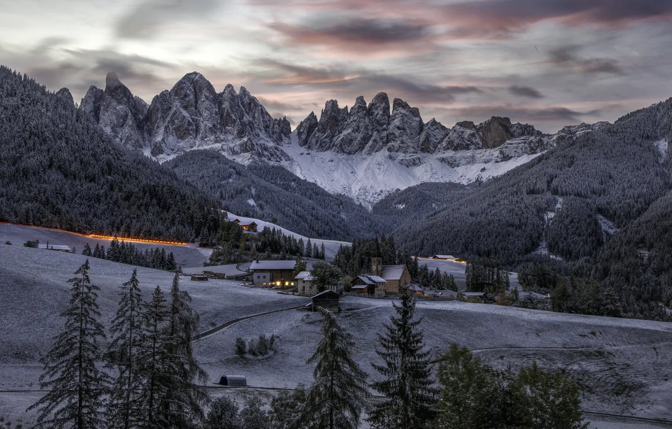 Photo wallpaper forest, landscape, mountains, nature, dawn, home, morning, village