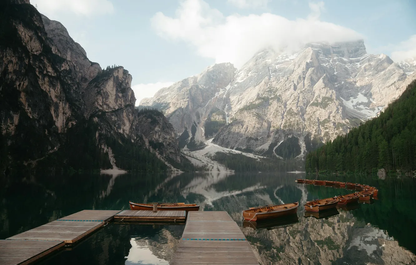 Photo wallpaper forest, trees, mountains, lake, rocks, boat, pier, Braies