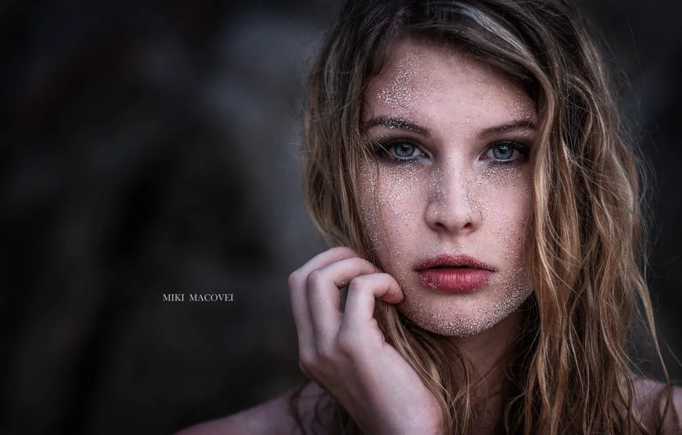 Photo wallpaper girl, photo, blue eyes, model, sand, lips, blonde, portrait