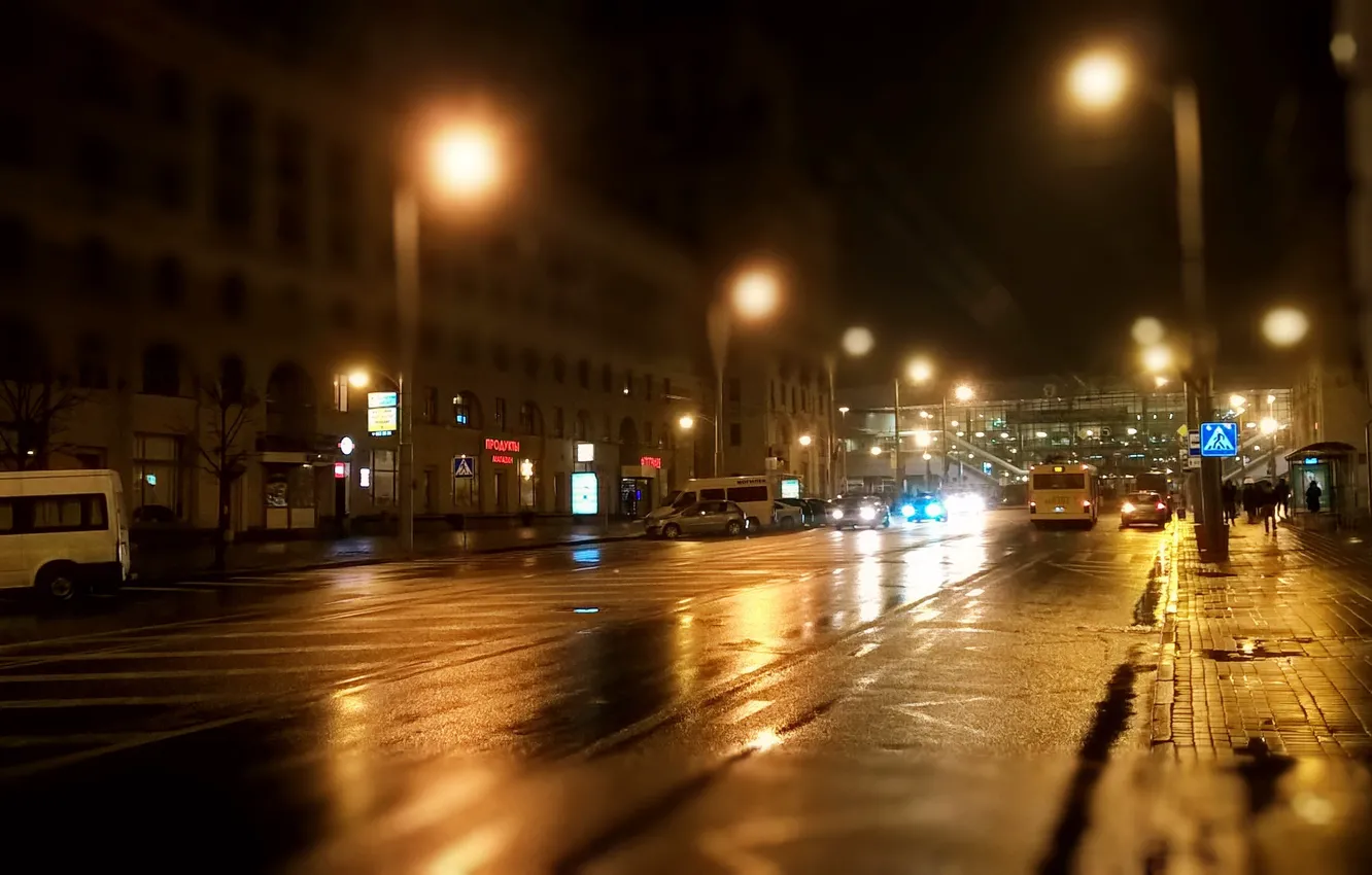 Photo wallpaper road, night, city, lights, puddles, cars, night, buildings