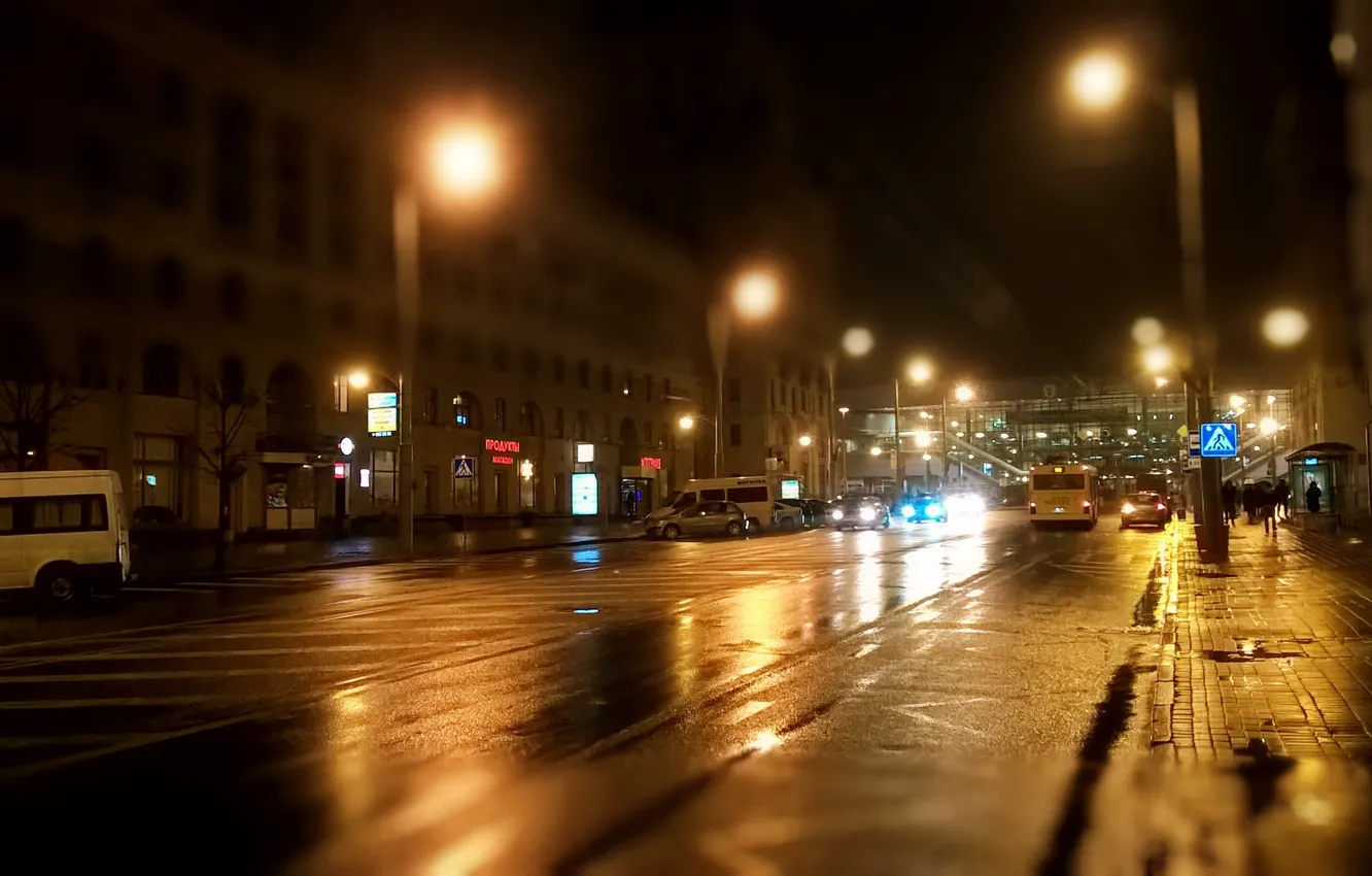 Photo wallpaper road, night, city, lights, puddle, cars, night, buildings