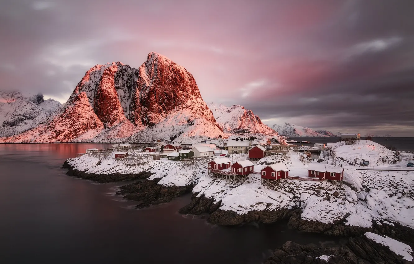Photo wallpaper winter, light, snow, mountains, rocks, home, Norway, the village