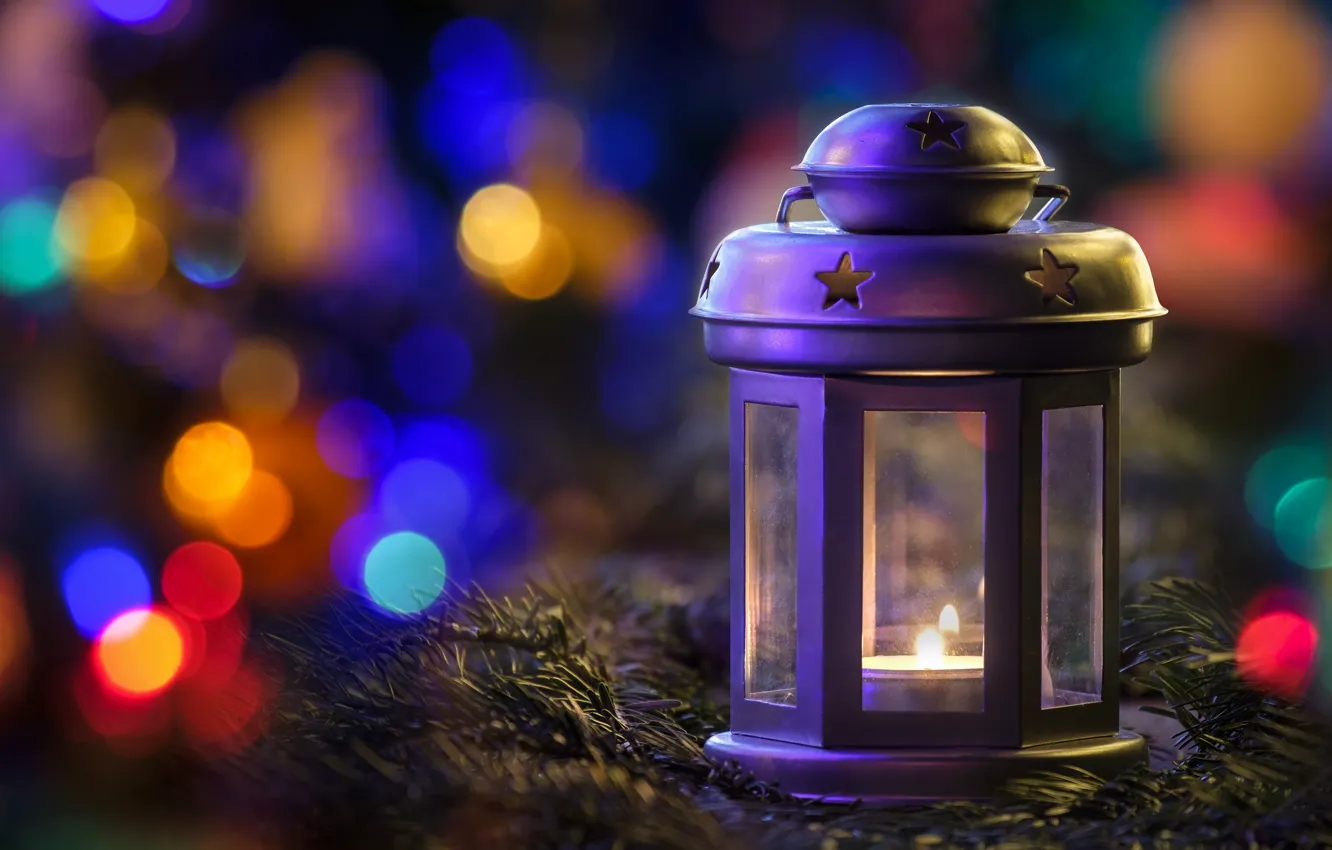 Photo wallpaper branches, lights, new year, candles, Christmas, lights, garland, needles