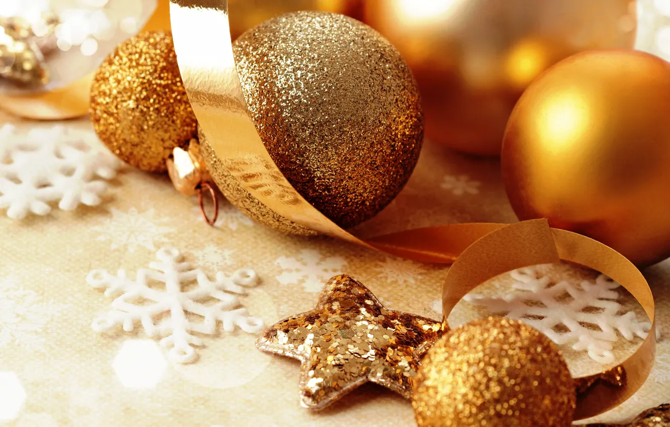Photo wallpaper balls, new year, Christmas, gold, Christmas decorations