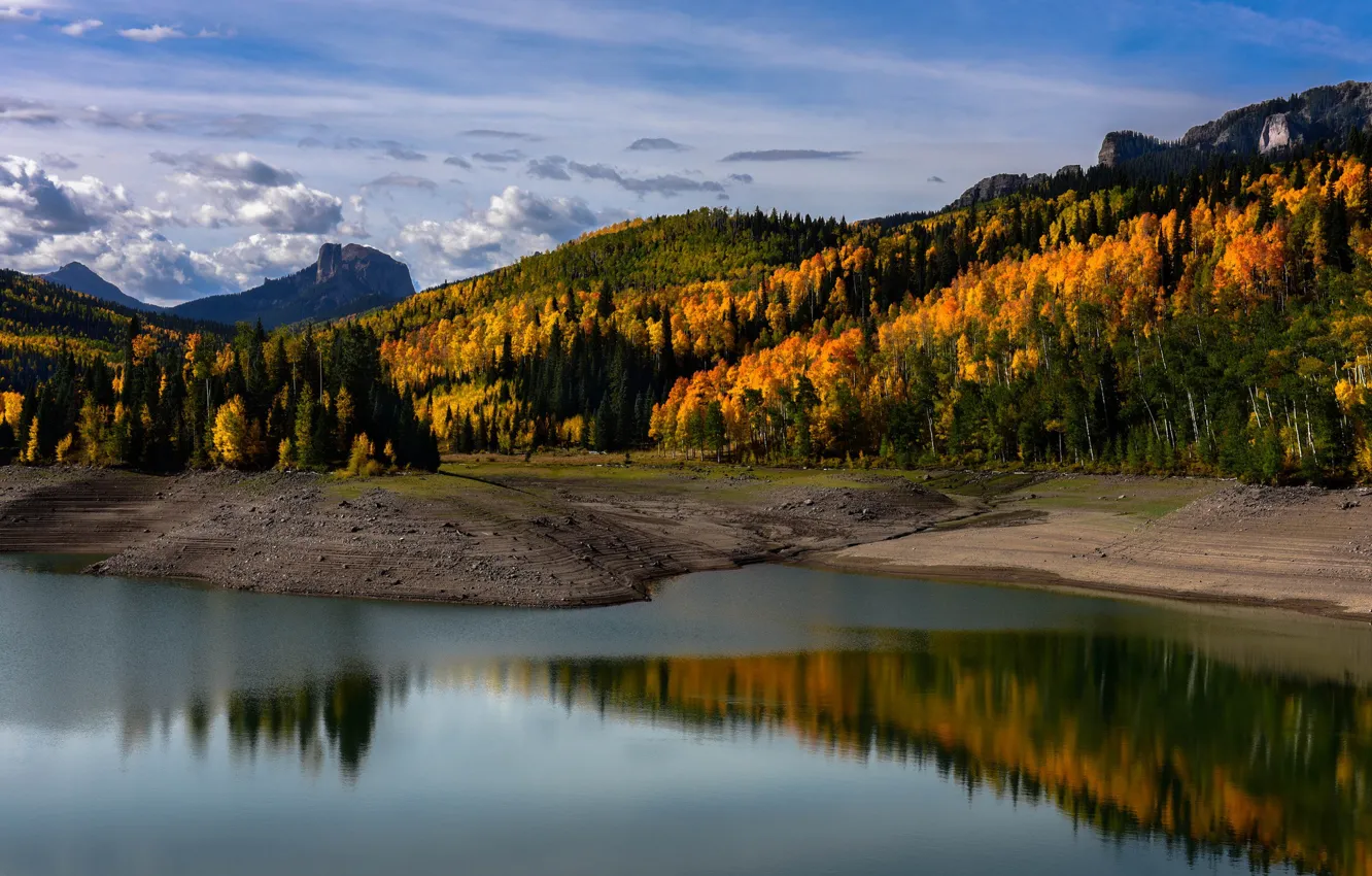 Photo wallpaper autumn, forest, clouds, mountains, surface, reflection, shore, the evening