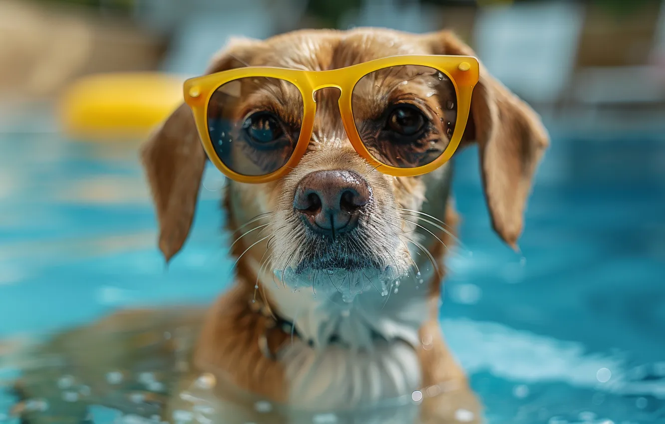 Photo wallpaper look, water, yellow, pose, portrait, dog, wet, pool