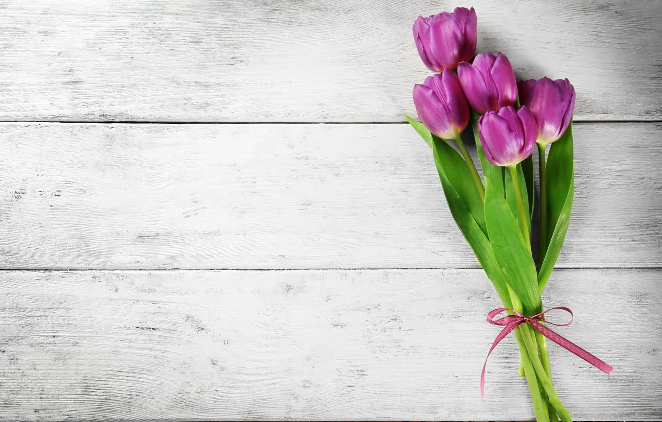 Photo wallpaper flowers, bouquet, tulips, wood, flowers, tulips, spring, purple