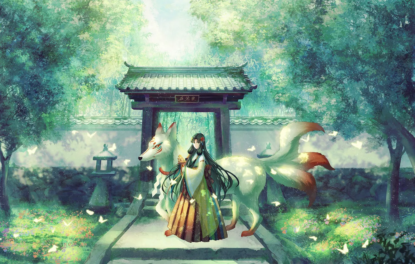 Photo wallpaper butterfly, Park, Japan, track, temple, priestess, kitsune, the demon-Fox