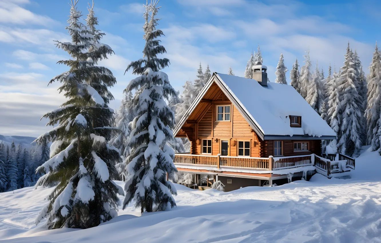 Photo wallpaper winter, forest, snow, mountains, nature, house, house, hut