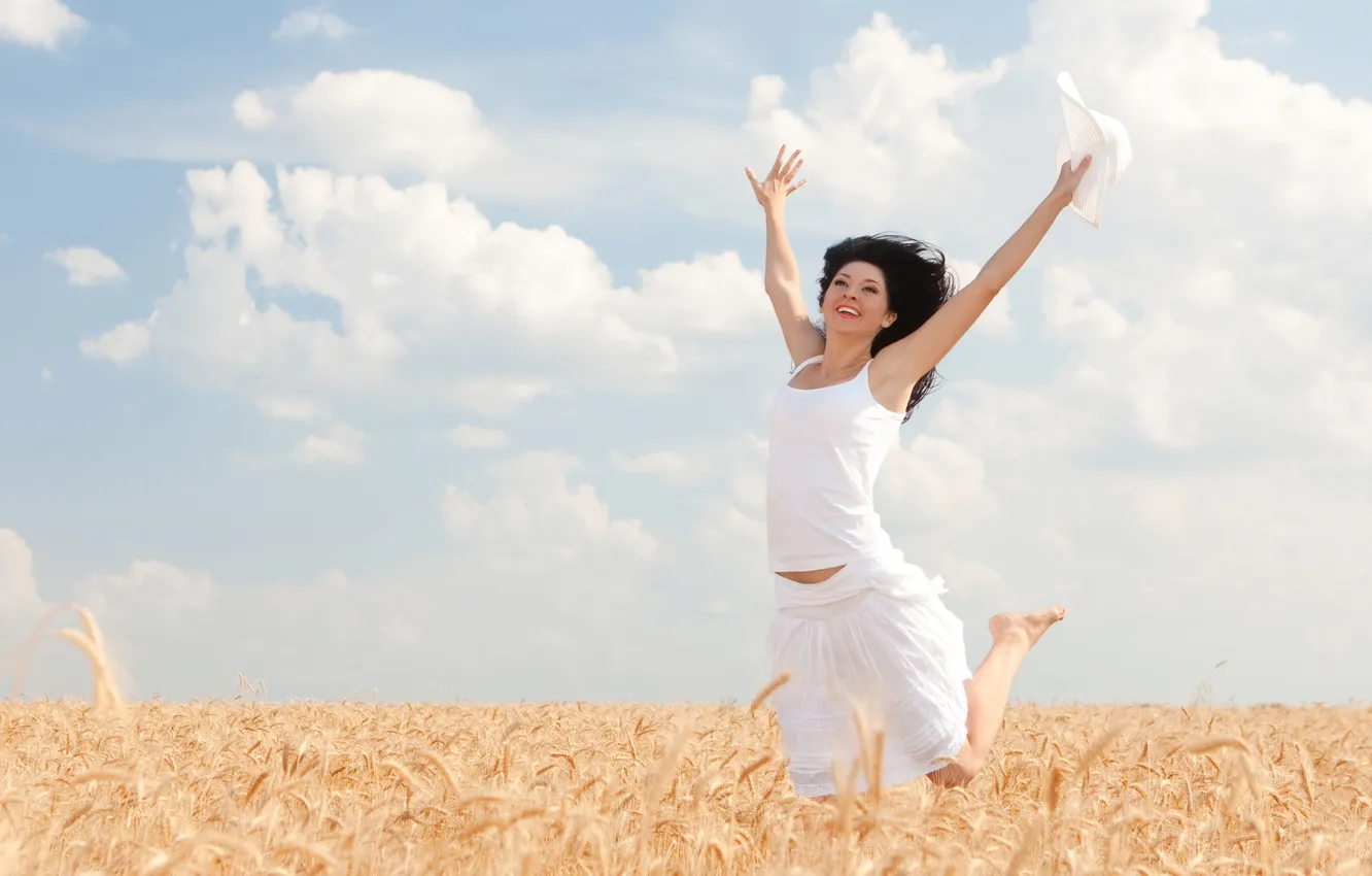 Photo wallpaper field, the sky, girl, clouds, joy, skirt, laughter, positive