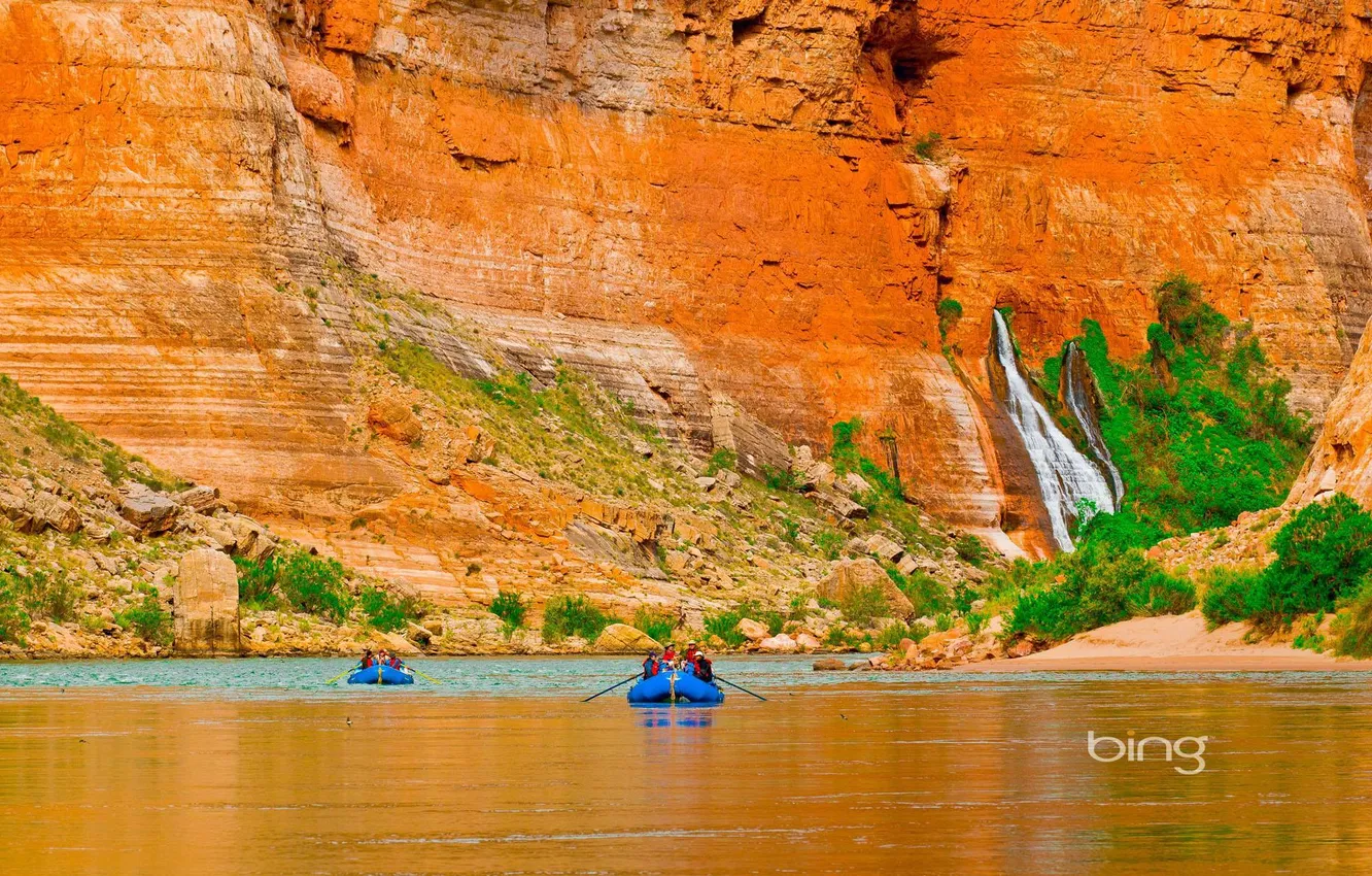 Photo wallpaper nature, rock, river, boat, mountain, waterfall, canyon