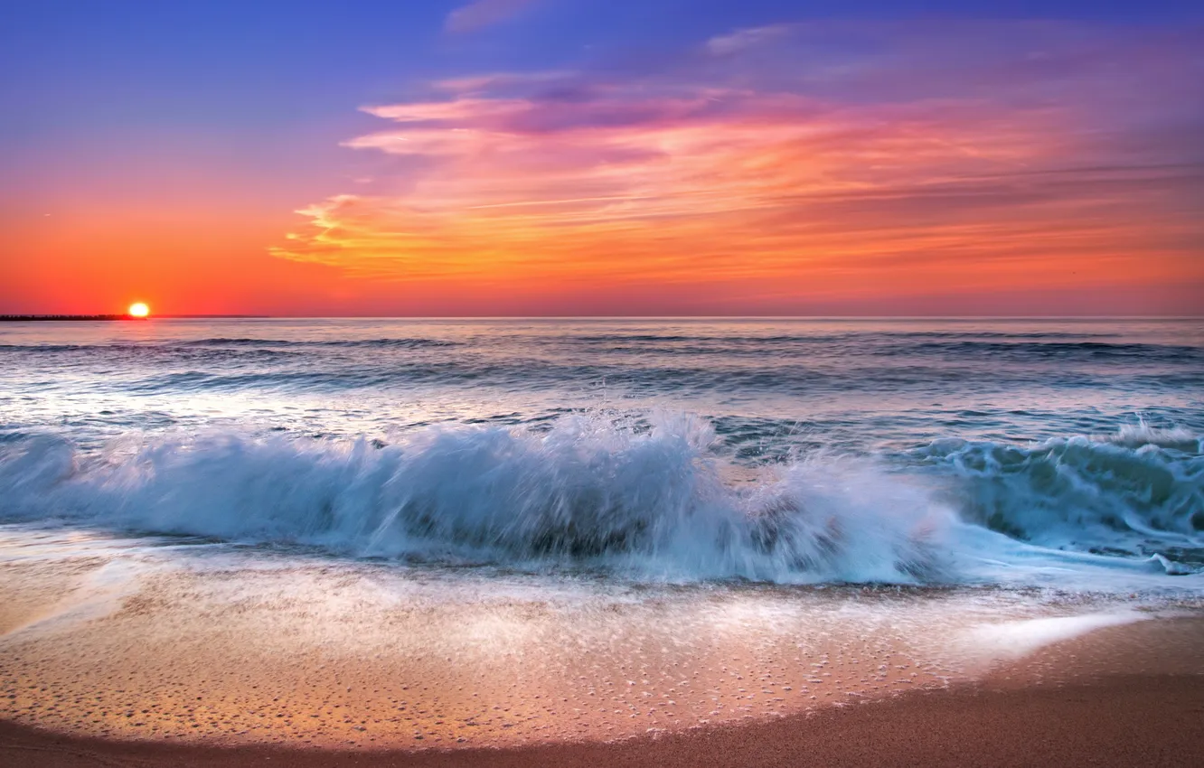 Photo wallpaper sea, sunset, beach, sea, sunset, sand, wave