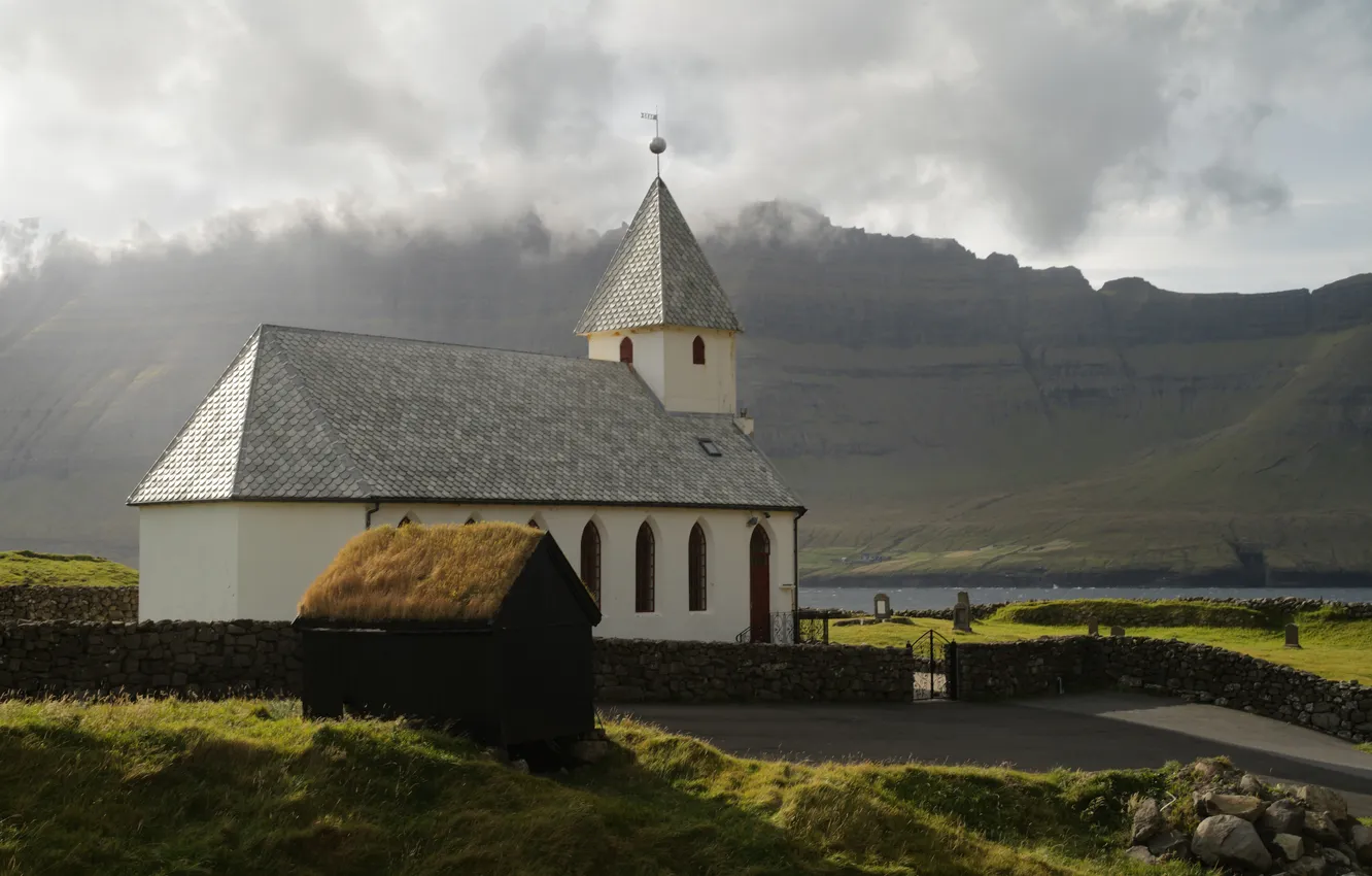 Photo wallpaper grass, clouds, light, mountains, fog, stones, overcast, rocks