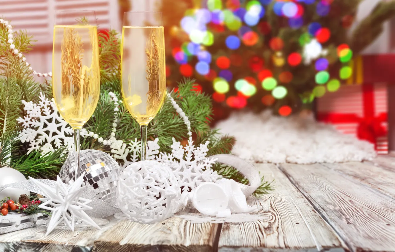 Photo wallpaper tree, New Year, glasses, Christmas, new year, happy, decoration, champagne