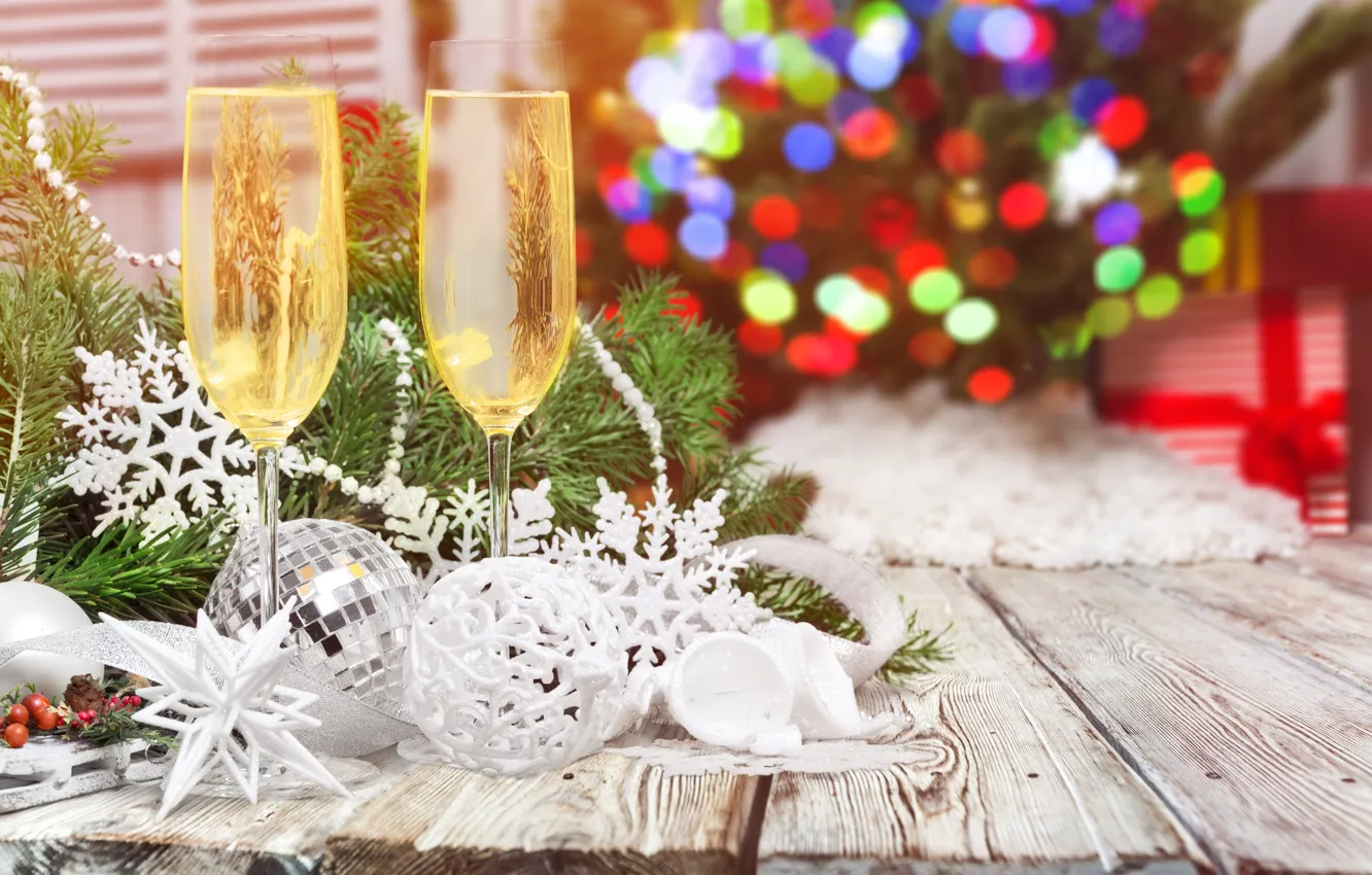 Photo wallpaper glass, tree, new year, Christmas, New Year, decoration, Happy, champagne
