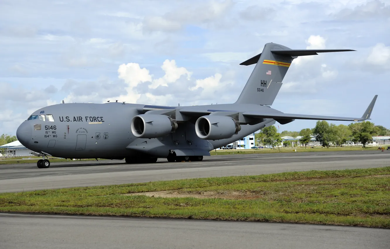 Photo wallpaper clouds, the airfield, Hawaii, UNITED STATES AIR FORCE, C-17 Globemaster III, military transport, Hickam Air …