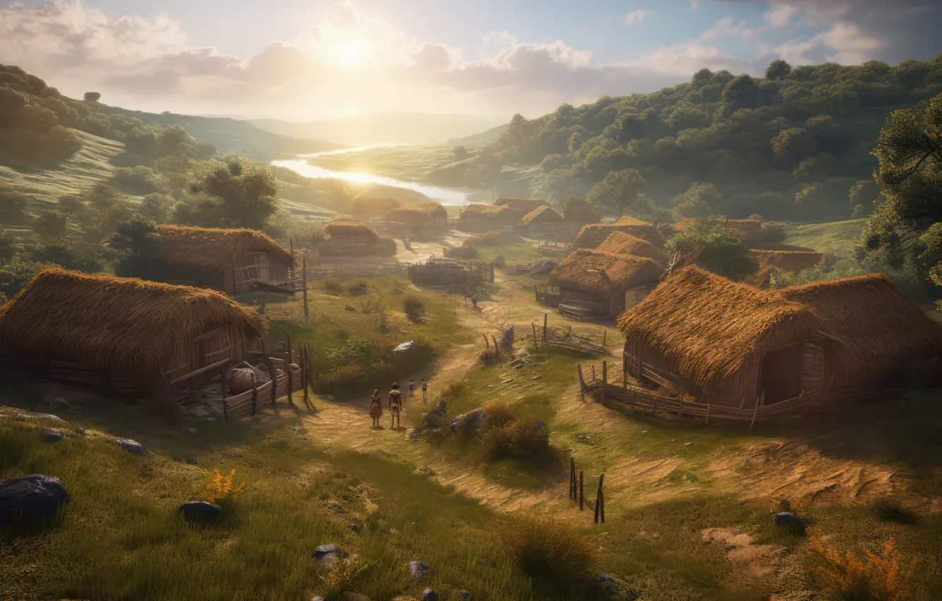 Photo wallpaper landscape, nature, view, village, digital art, AI art, The Art of Artificial Intelligence, neural network