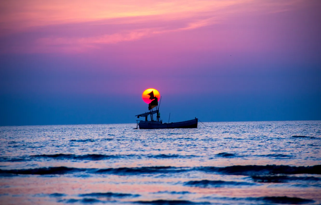 Photo wallpaper sea, the sky, sunset, boat