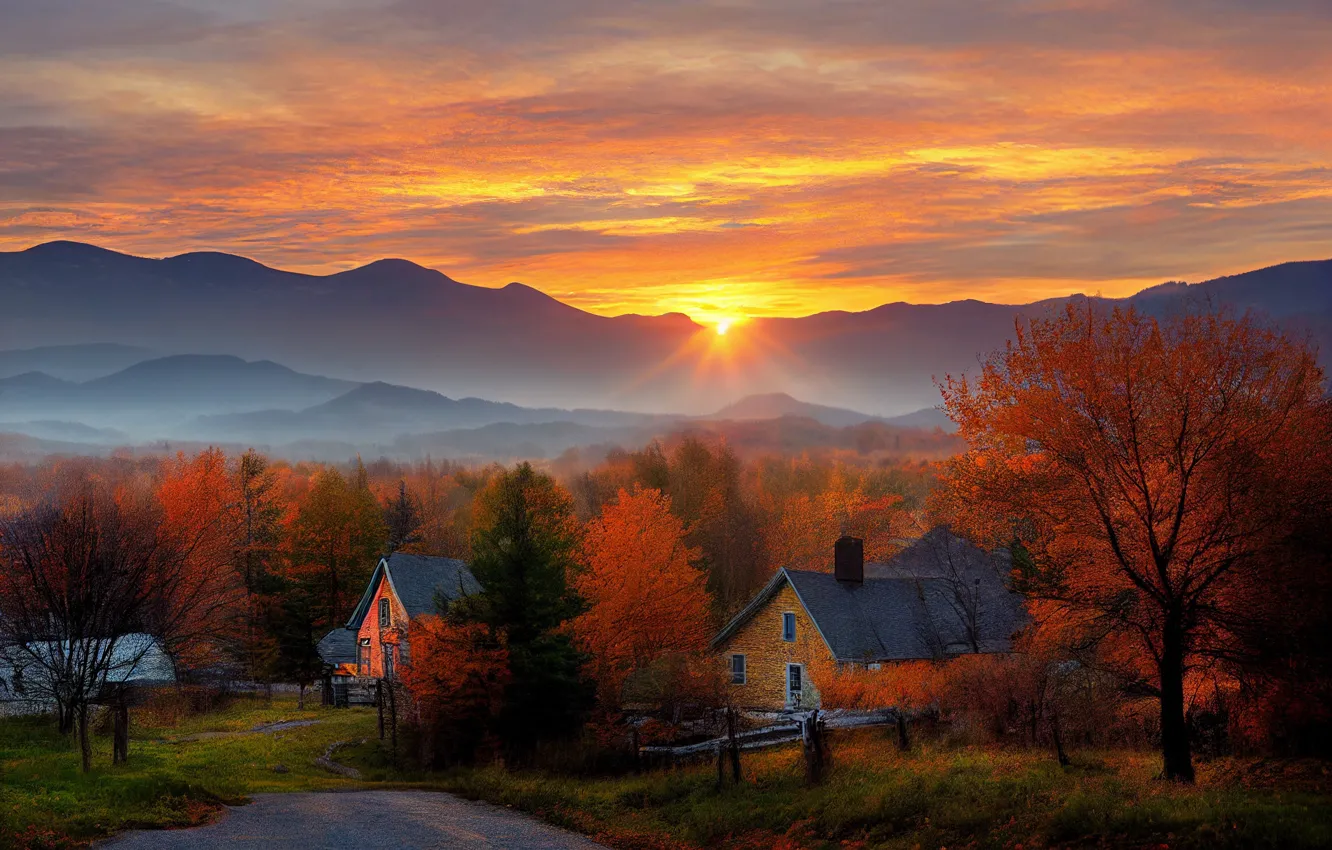 Photo wallpaper road, autumn, forest, the sun, clouds, rays, trees, sunset