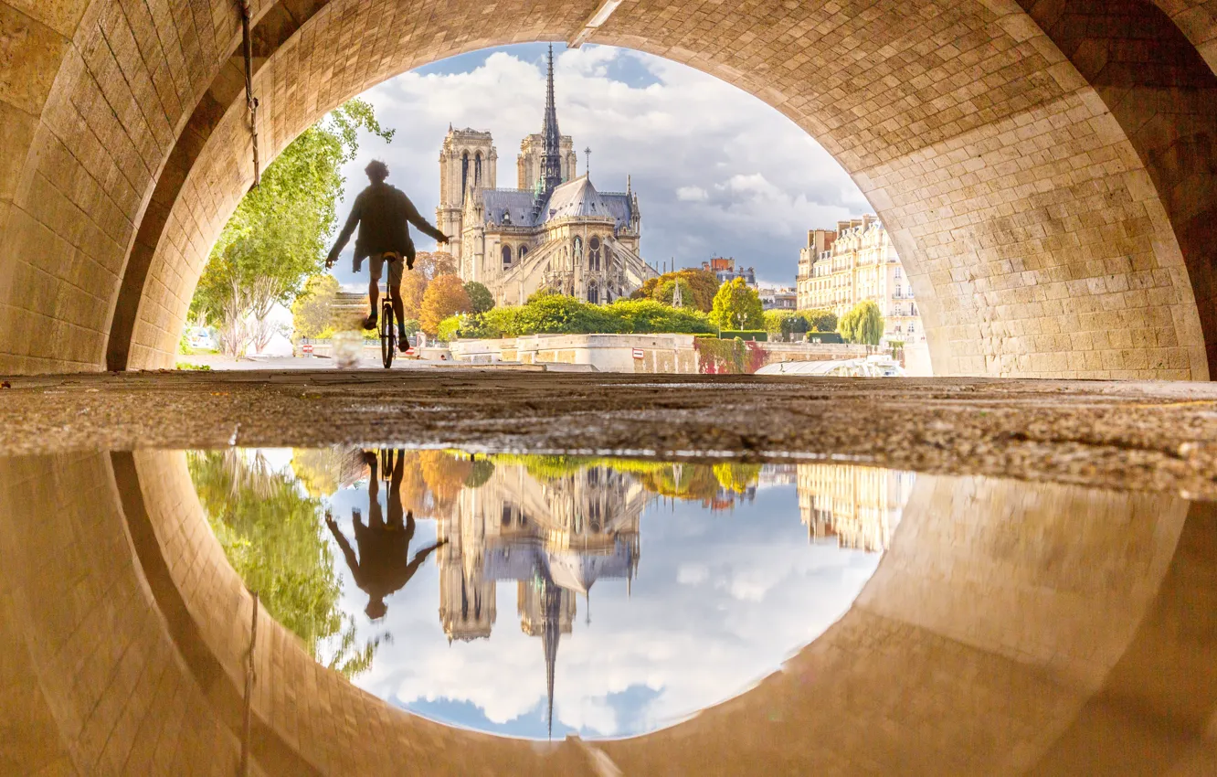 Photo wallpaper bridge, reflection, France, Paris, arch, Notre Dame Cathedral