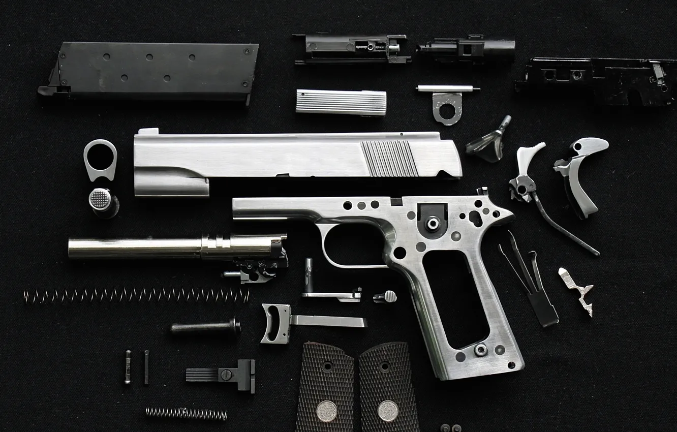 Photo wallpaper pistol, screws, springs, disassembled metal parts